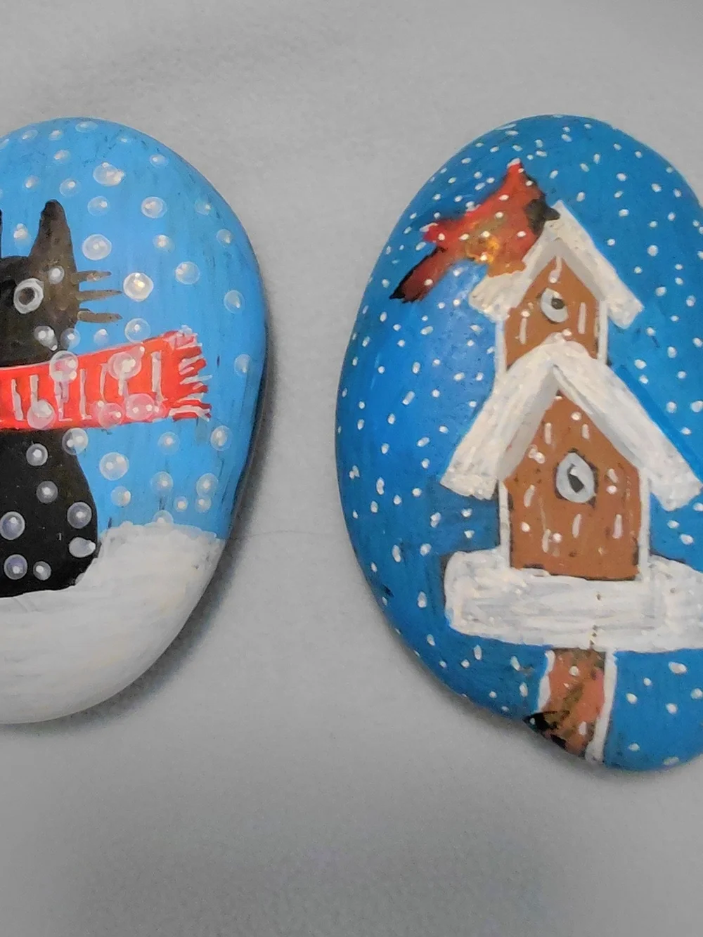 Blue Hand-Painted Holiday Decorative Stones with Winter Pics